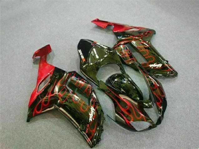 2007-2008 Black Red Flame Kawasaki ZX6R Motor Bike Fairings UK 2007-2008 Black Red Flame Kawasaki ZX6R Motor Bike Fairings UK