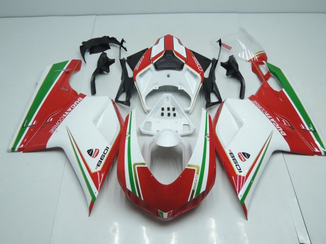 2007-2014 White and Red with Green Stripe Ducati 848 1098 1198 Motorcylce Fairings UK 2007-2014 White and Red with Green Stripe Ducati 848 1098 1198 Motorcylce Fairings UK