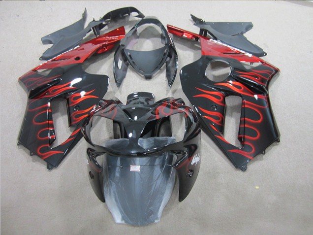 2007-2008 Black Red Flame Kawasaki ZX6R Replacement Fairings UK